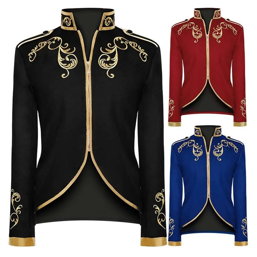 Erkek Ceketler Erkek Orta Çağ Vintage Ceket Düz Renk Nakış Palto Zip Stand Yakası Prens Kral Cosplay Kostüm Victoria Ceket Üstleri 230705