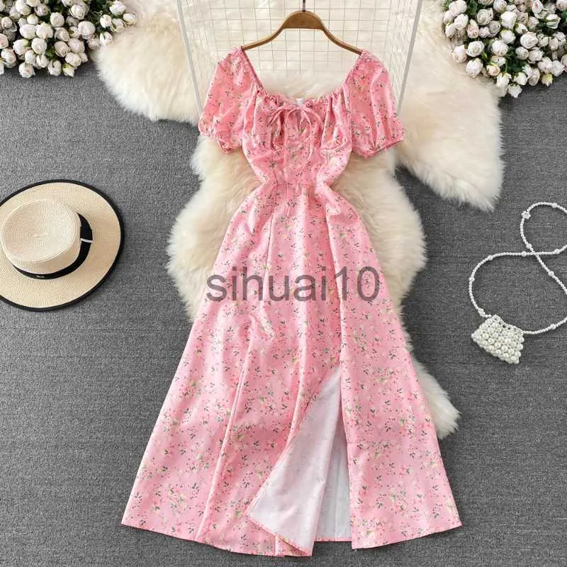 Casual Dresses Summer Vintage Dress Blue Floral Summer Bubble Sleeve Tie Up Sexy Dresses Women A-line Print Split Long Dress Elegant Vestidos J230705