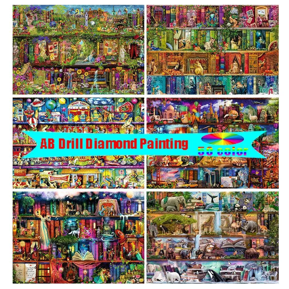 Leathercraft 5d Diamond Painting Fantasy Bookshelf Magic World Landscape Diy Full Diamond Embroidery Cross Mosaic Picture Home Decor