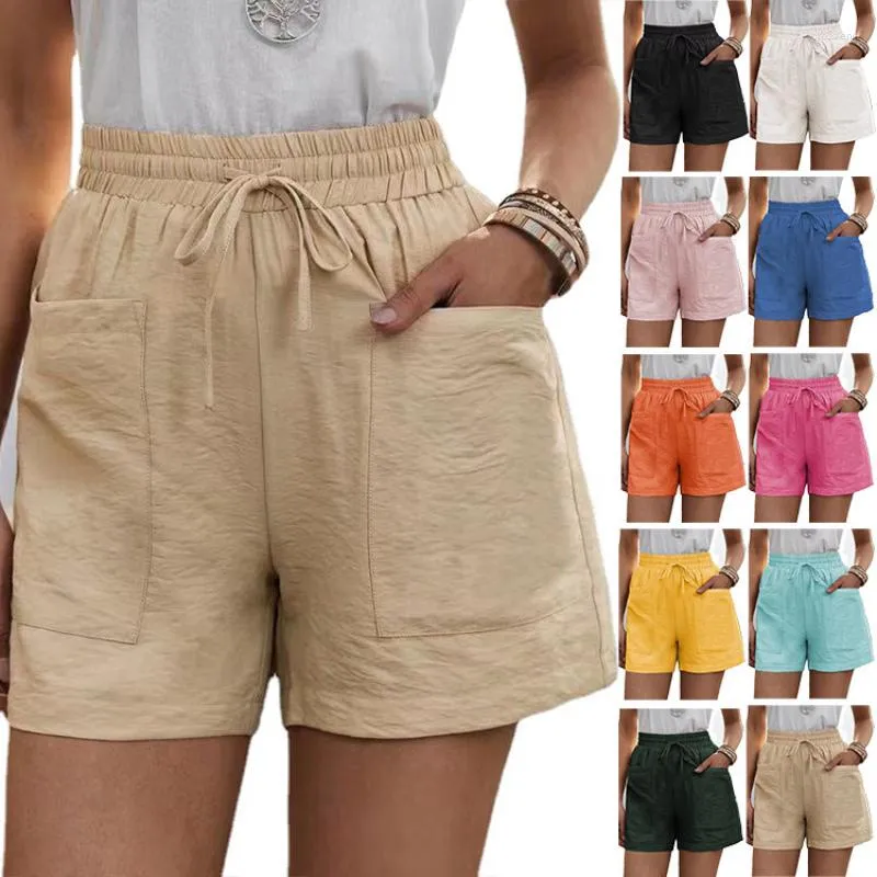 Short femme printemps/été 2023 femmes ample lin décontracté poches solide grande taille haute jambe large pantalon à lacets