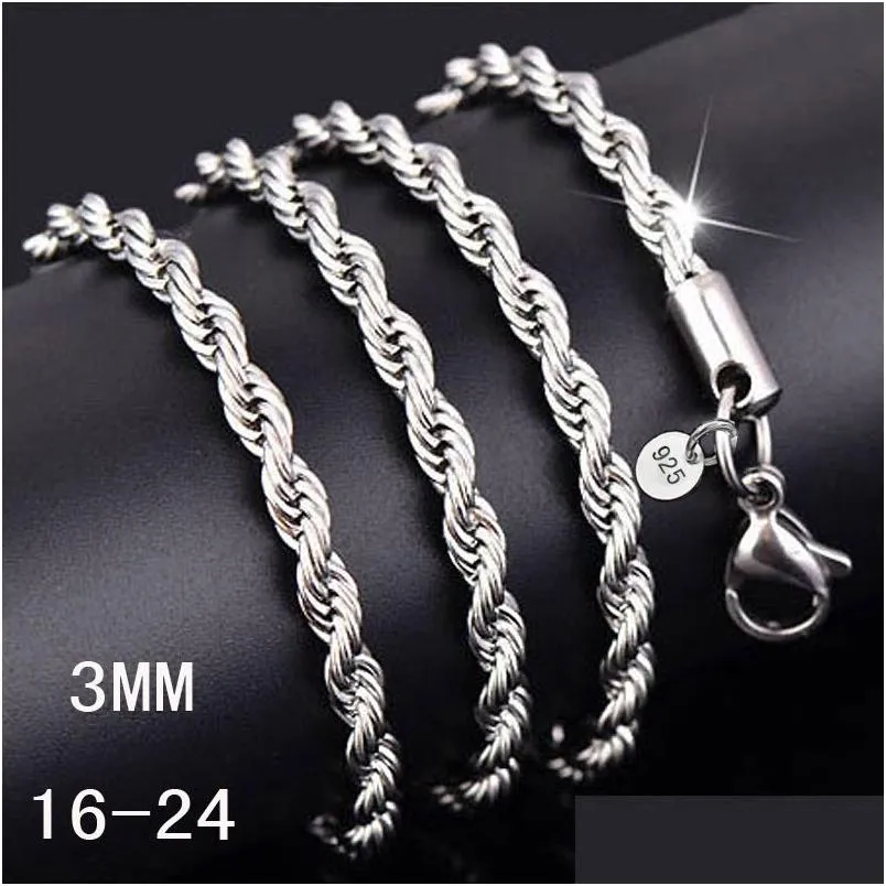 Łańcuchy M 925 Sterling Sier Twisted Rope Chain 16-30 cali luksusowy naszyjnik dla kobiet mężczyzn moda Diy biżuteria hurtowych Drop Delivery Dhwsc