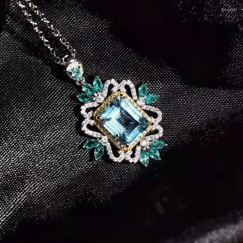 Colares com Pingente Elegante Quadrado Azul Safira Reno Topázio Para Mulheres Prata Esterlina Cor Charms Colar Jóias Finas Presentes de Casamento