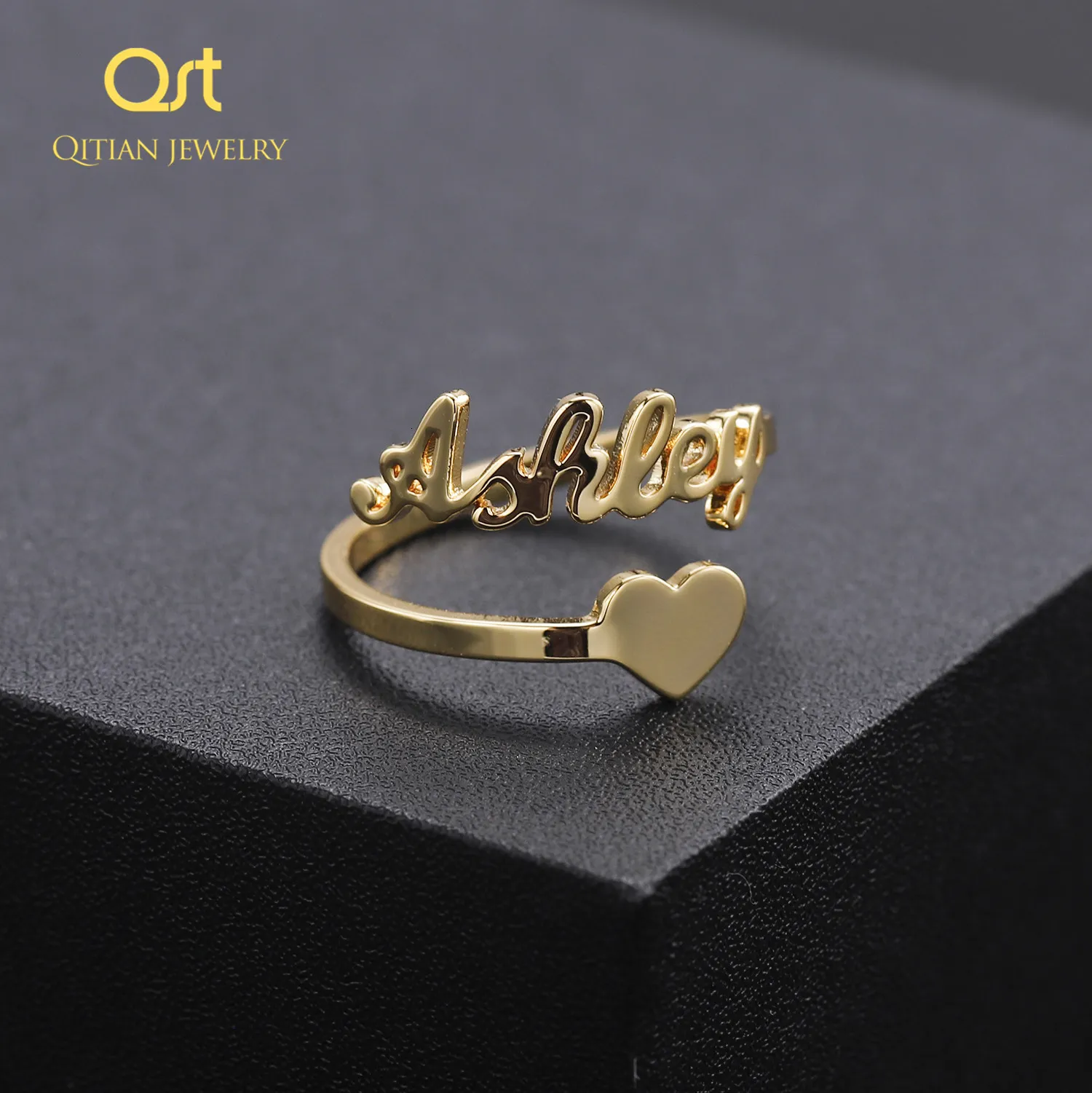 Anillos de banda Anillo con nombre en forma de corazón relleno personalizado/anillo único cortado/joyería de declaración de regalo de novia esposa madre - escote ajustable 230704