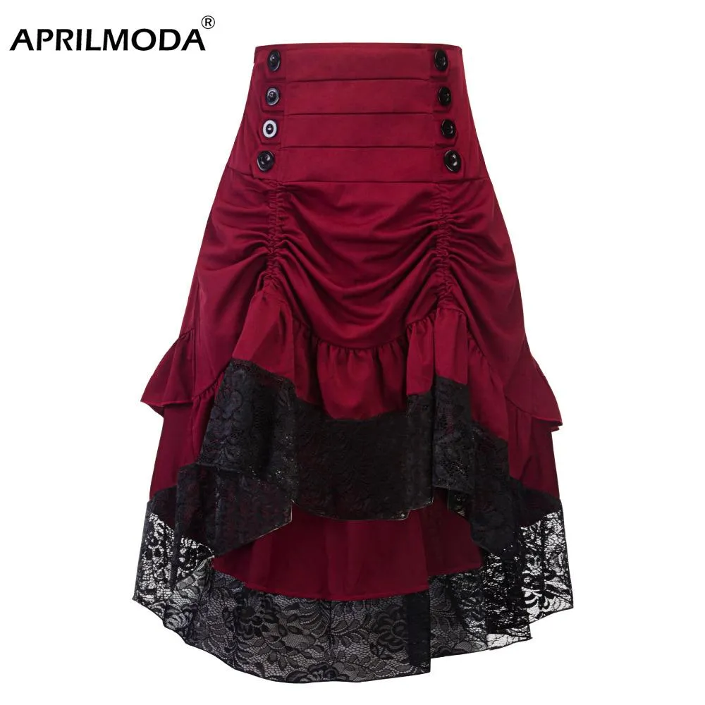 Klänningar kostymer steampunk gotisk kjol spetskvinnor kläder höga lågt ruffle party lolita röd medeltida viktoriansk punk skater knapp front