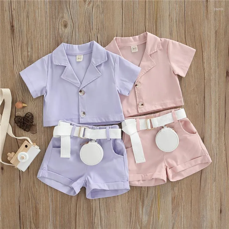 Clothing Sets Little Girls Stylish Clothes Outfit Solid Color Short Sleeve Lapel Collar Button-Down Blouse Shorts Belt 9Months-5Years