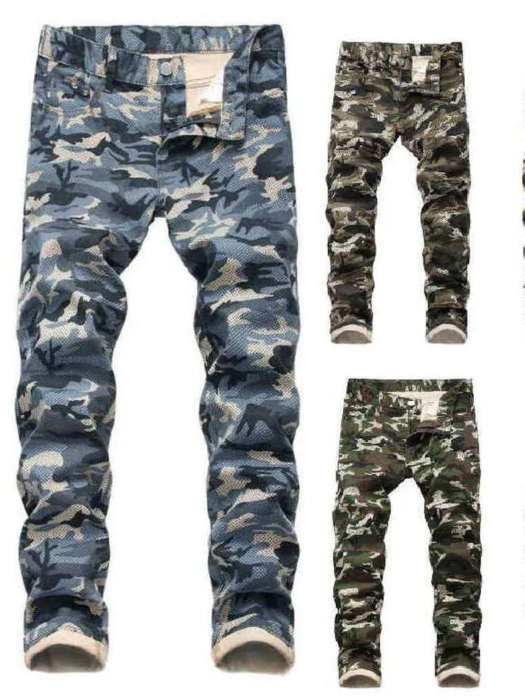 Kamouflagetryck för män Jeans Raka jeansbyxor Slimma män Stretch Camo jeansbyxor X0621