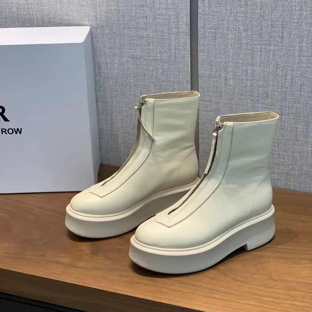 The Row White Smooth Leather Ankle Chelsea Boots Platform Zip Slip