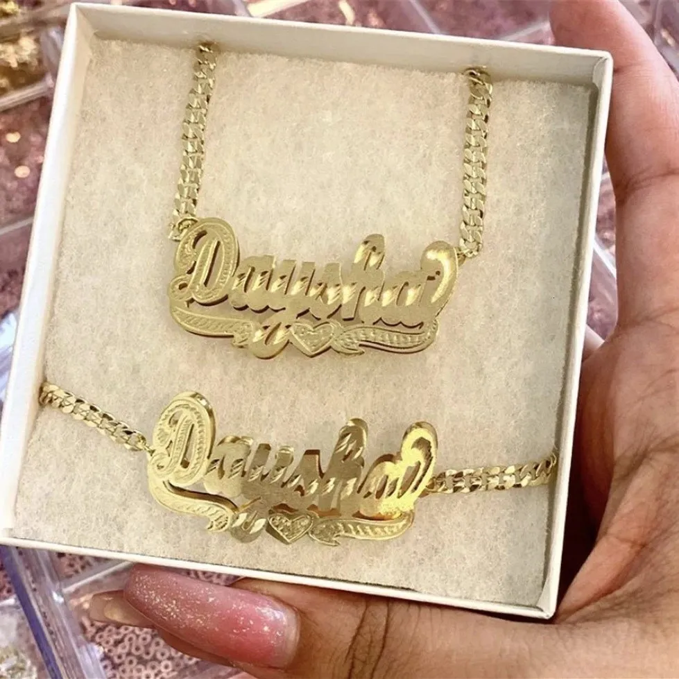 Pendant Necklaces 18K Gold Plated Nameplate Necklace Personalized Double Layer 3D With Heart Customized Name Stainless Steel Jewelry 230704