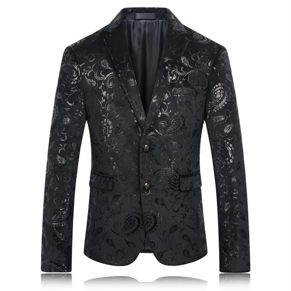 Whole- Schwarzer Blazer für Herren, Paisley-Blumenmuster, Hochzeitsanzug, Jacke, schmale Passform, stilvolle Kostüme, Bühnenkleidung für Sänger, Herren-Blazer335Q