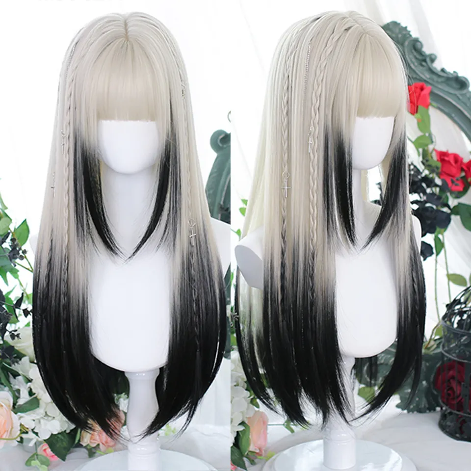 Perruques Synthétiques Houyan Synthétique Cheveux Longs Raides Perruque Femme Argent Gradient Gris Perruque Jeu de Rôle Lolita Bangs Perruque Partie Perruque 230704