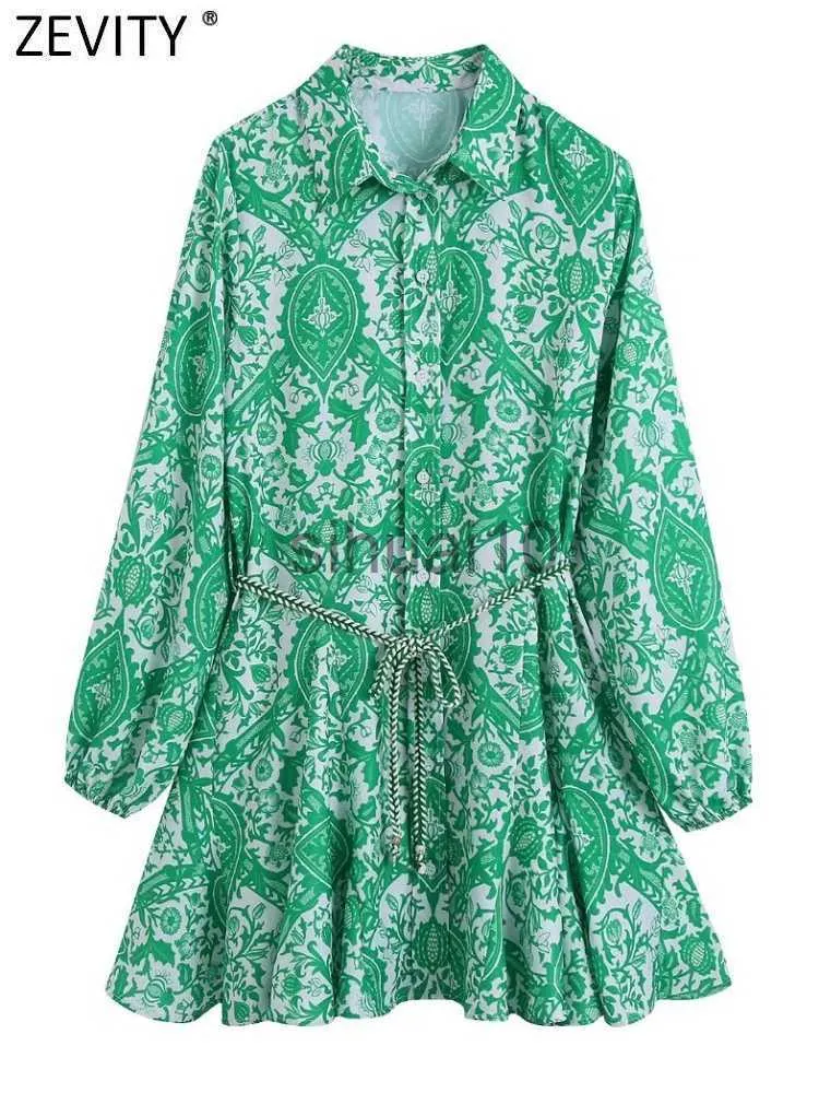 Casual Dresses ZEVITY Women Fashion Paisley Floral Print Belt Mini Shirt Dress Female Chic Casual Big Swing Hem Pleat Green Vestidos DS9353 J230705