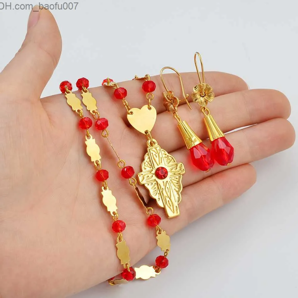 Anniyo Haii Jewelry Set, Flower Cross Pendant Necklace Earrings, Crystal Beads Ball Chain, Guam Micronesia Chuuk Z230706 Anniyo Haii Jewelry Set, Flower Cross Pendant Necklace Earrings, Crystal Beads Ball Chain, Guam Micronesia Chuuk Z230706