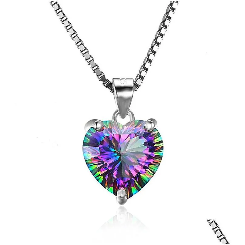 Pendentif Colliers De Luxe 925 Sterling Sier En Forme De Coeur Arc-En-Cubique Zircone Cz Gemme Charme Boîte Chaînes Pour Femmes Mode Jewelr Dhhpu