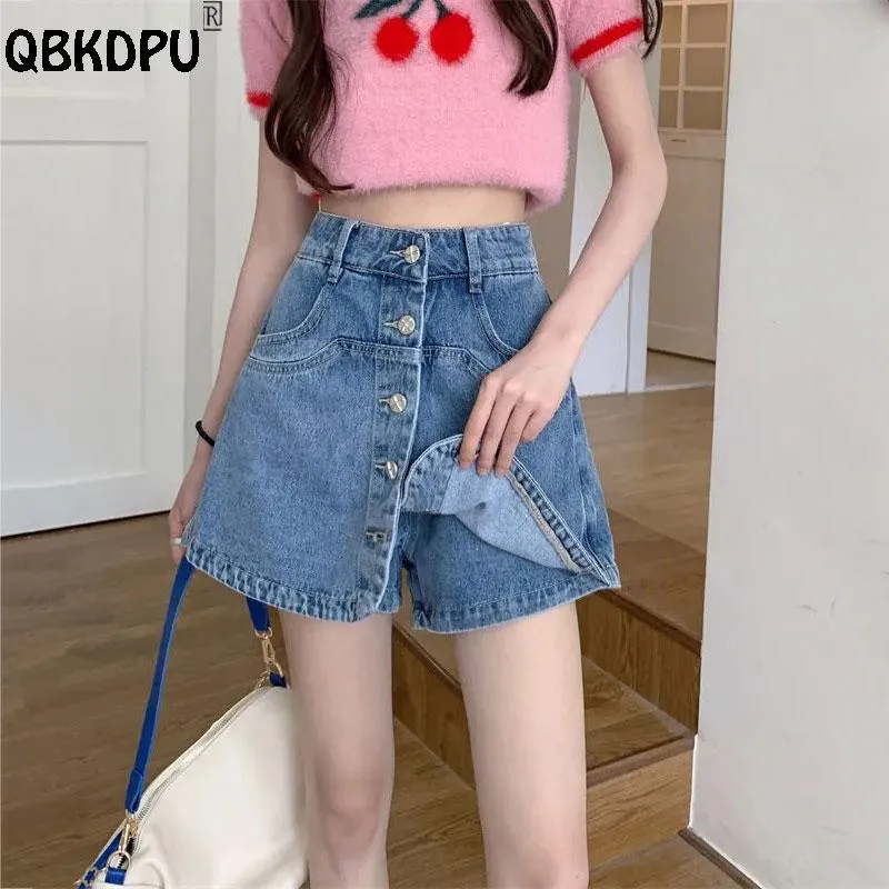 Saias verão singlebreasted denim shorts mulheres moda coreana cintura alta jean culottes 2023 mini calças azul preto baggy shorts