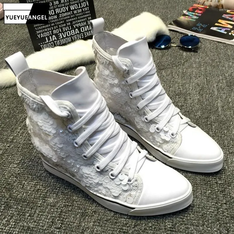 Kleid Schuhe Mode Frauen High Top Echtes Leder Keile Versteckte Heels Aushöhlen Mesh Pailletten Schnüren Casual Pumps Plattform