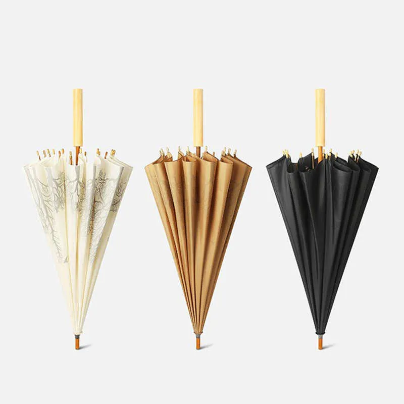 Paraplu's 16-bone Parasol met lange steel Retro Art Houten handvat Paraplu Chinese stijl Zonnige paraplu Regenkleding