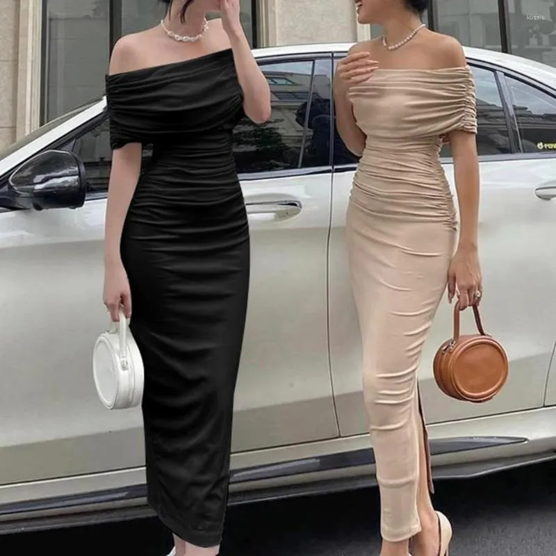 Vestidos casuales fuera del hombro Maxi para mujeres 2023 moda sólido plisado ceñido al cuerpo vestido de manga larga elegante fiesta de noche