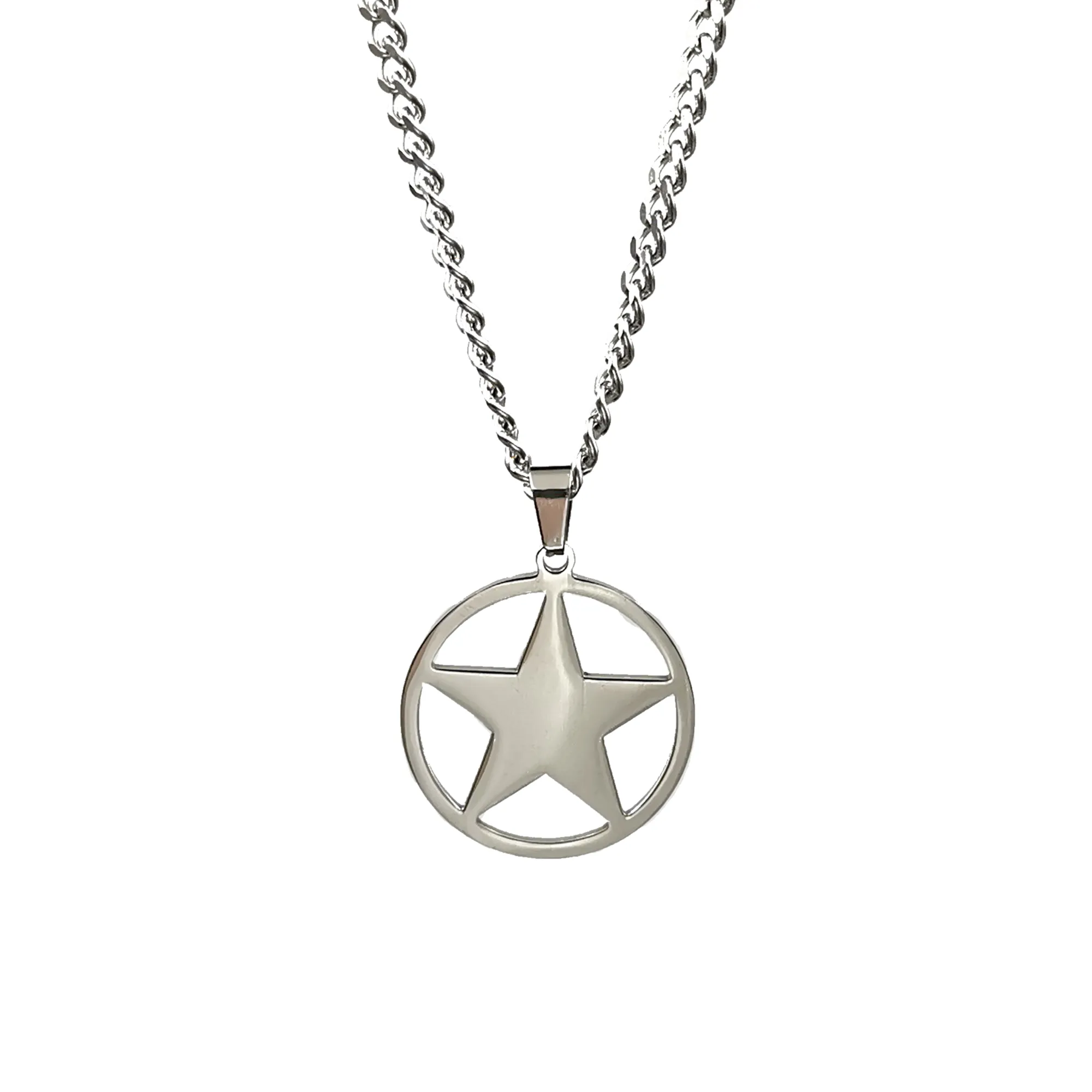 Collier pentagramme en acier inoxydable pour homme pendentif étoile à cinq branches en argent poli 24 pouces pour amis cadeaux de mode