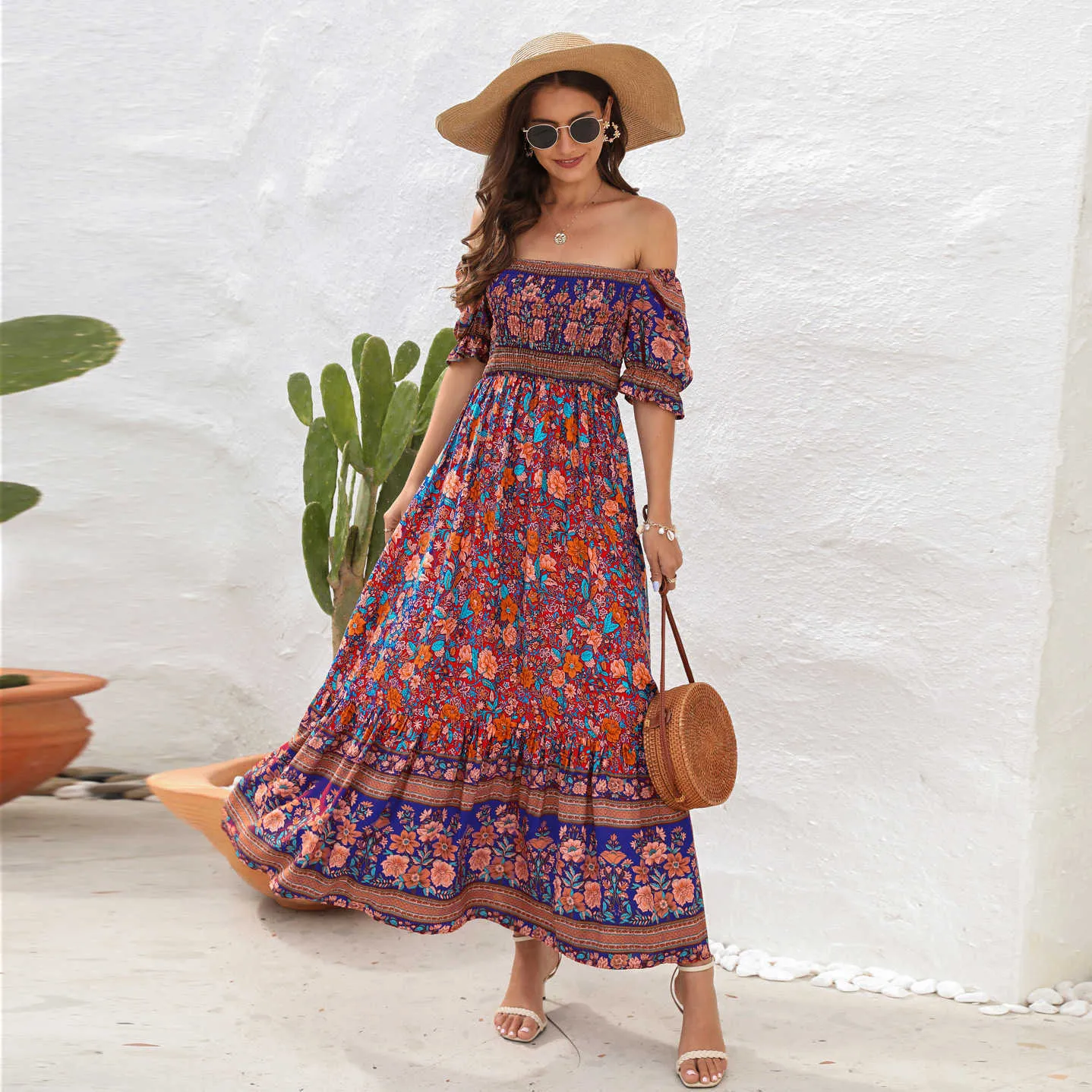 casual dresses boho Floral Print Long dress Women Summer Beach sundress Short sleeve Square neck Ruffle pleated dress bohemian casual dresses j0705