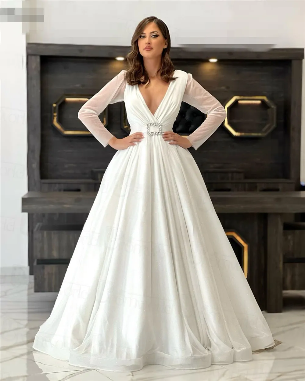 Witte Moslim Avondjurk Glitter Pailletten Arabisch Dubai A-lijn Formele Kleding kristal riem diepe V-hals Sexy Lange Mouwen Prom vestidos