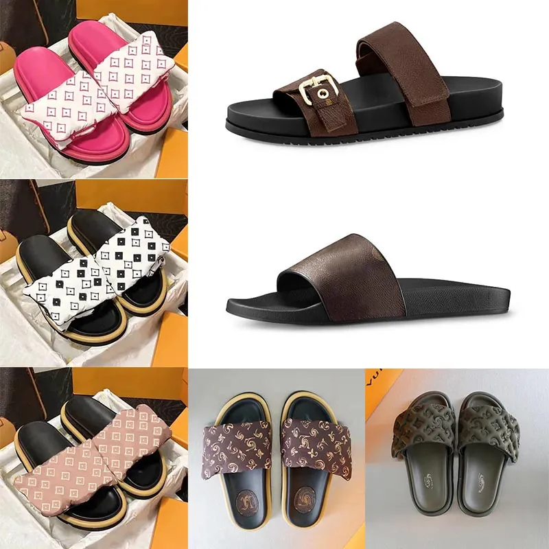 wholesale Hombre zapatilla diapositiva diseñador para mujer zapatillas negro Sandalias planas Piscina Almohada Mulas Puesta de sol Acolchado Correa delantera Casa de mulas plataforma de playa mocasines Diapositivas de marca