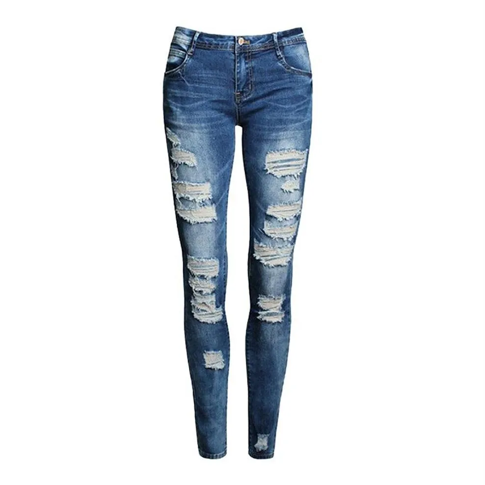 Nouveau Bleu Jeans Pancil Pantalon Femmes Taille Haute Mince Trou Déchiré Denim Jeans Casual Stretch Pantalon Jeans Pantalon pour Women243m