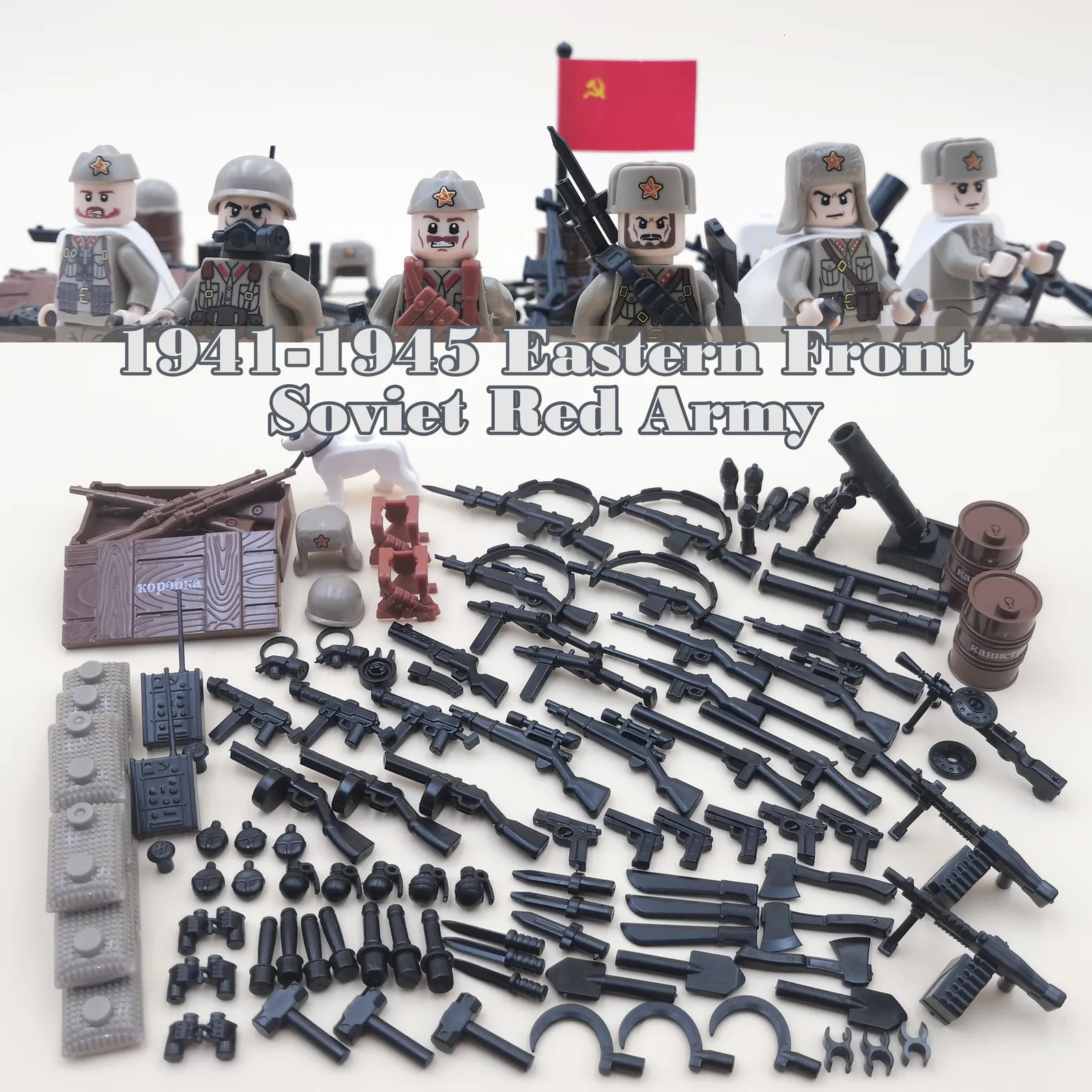 Diecast Modelo Segunda Guerra Mundial Rússia Exército Vermelho Soviético Frente Oriental EUA Reino Unido Mini Soldado Guerra Figura Arma de fogo Bloco de construção Tijolo Crianças Brinquedo 230705