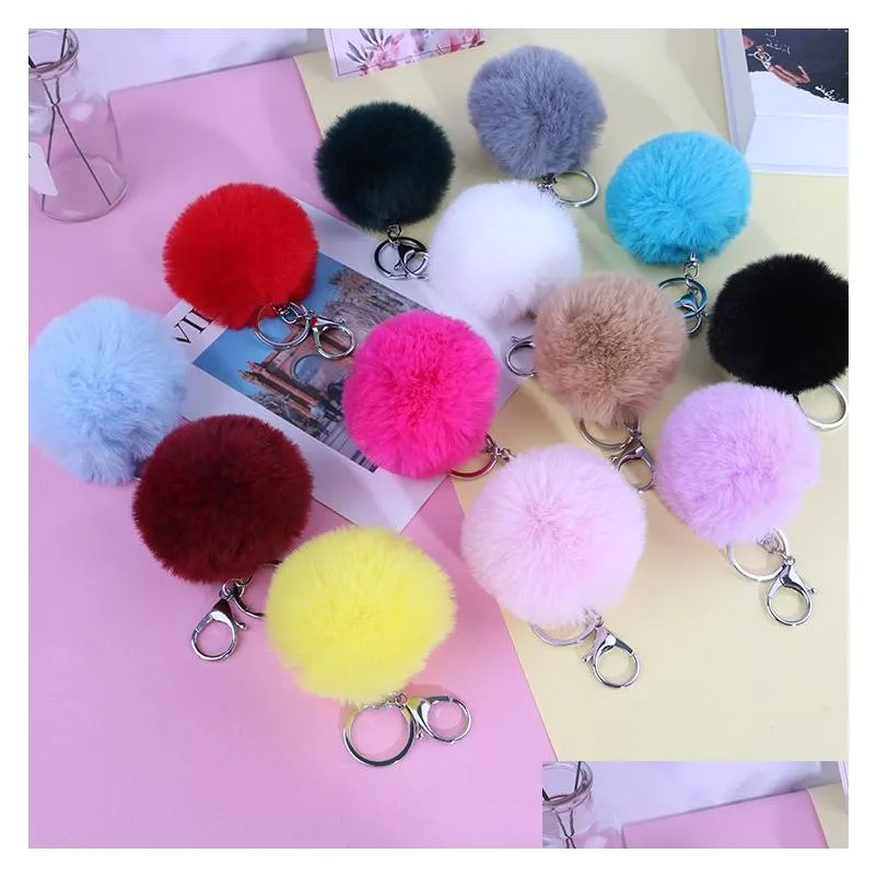 Porte-clés Longes 15 Couleurs 8Cm Moelleux Faux Boule De Fourrure De Lapin Femmes Filles Voiture Sac D'école Porte-clés Mignon Pompon Chaîne Bijoux Accesso Dh2Wy