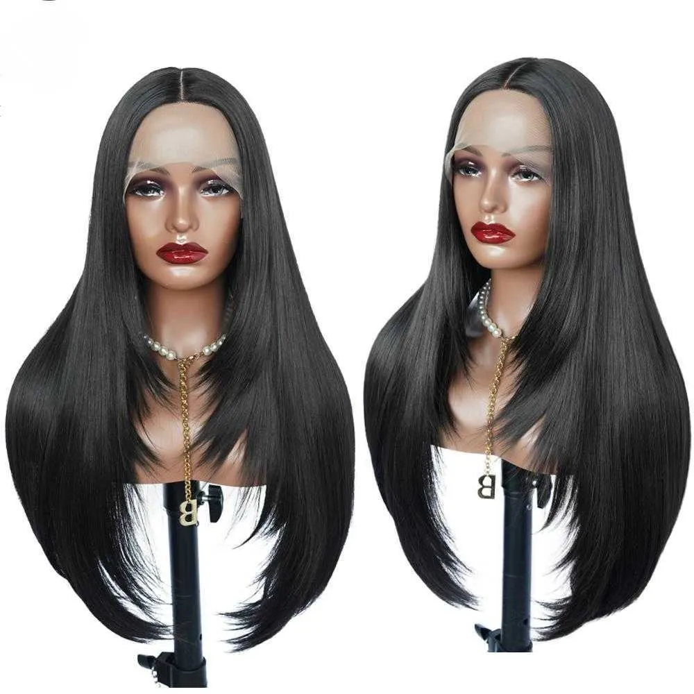 Layered Cut 13x4 Lace Wig Straight Synthetic Lace T Part Wig Pre Plucked with Baby Hair For Women Natural Black High Temperature 230524