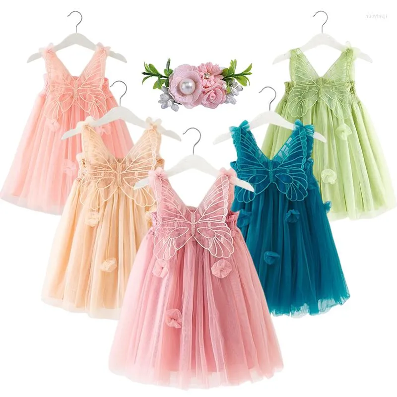 女の子ドレス夏の女の赤ちゃんかわいいキャンディーカラー子供レース蝶の羽ノースリーブ衣装韓国サスペンダー花幼児衣装