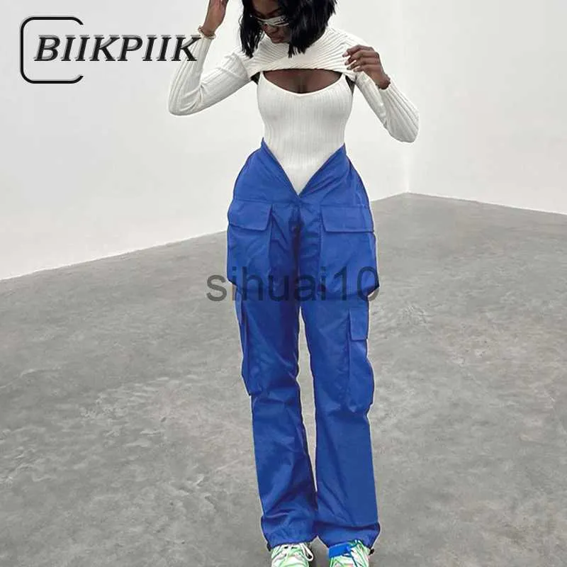 Women's Pants Capris BIIKPIIK High Wasit Solid Pockets V Wasit Loose Cargo Pants Overalls Female Streetwear Lounge Straight Trousers Flat Woven Pant J230705