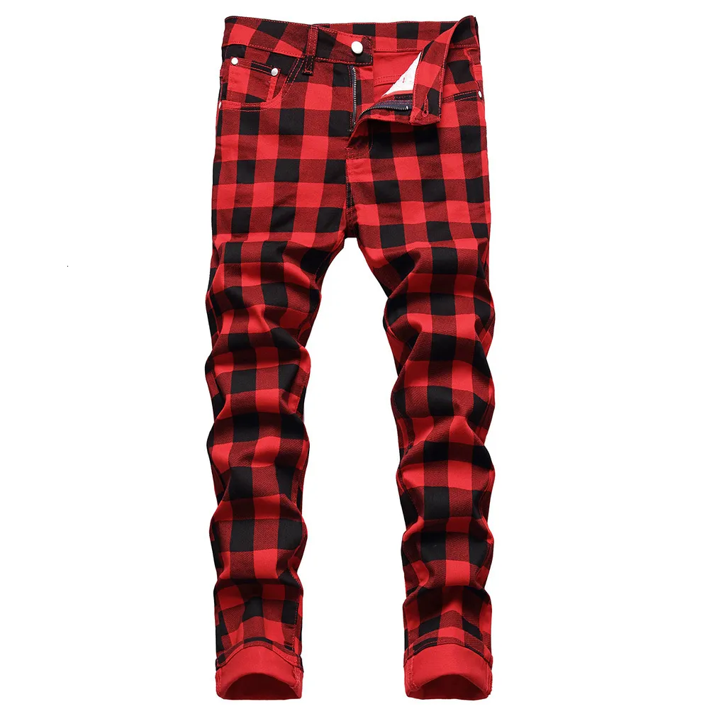 Pantalones vaqueros para hombre, pantalones estampados a cuadros rojos, pantalones vaqueros elásticos ajustados a la moda, pantalones rectos de talla grande a la moda 230705