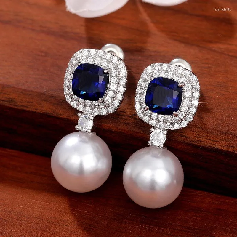 Stud Earrings Real Pearl Silver Needle For Women With 925 Stamp Fashion Blue Zircon Imitation Jewelry