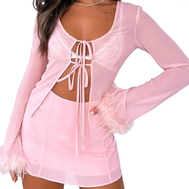 Women's Blouses Ruched Tie Up Open Front Shirt Women Y2K Long Flare Sleeve Bandage Cardigan Summer Sheer Mesh Streetwear