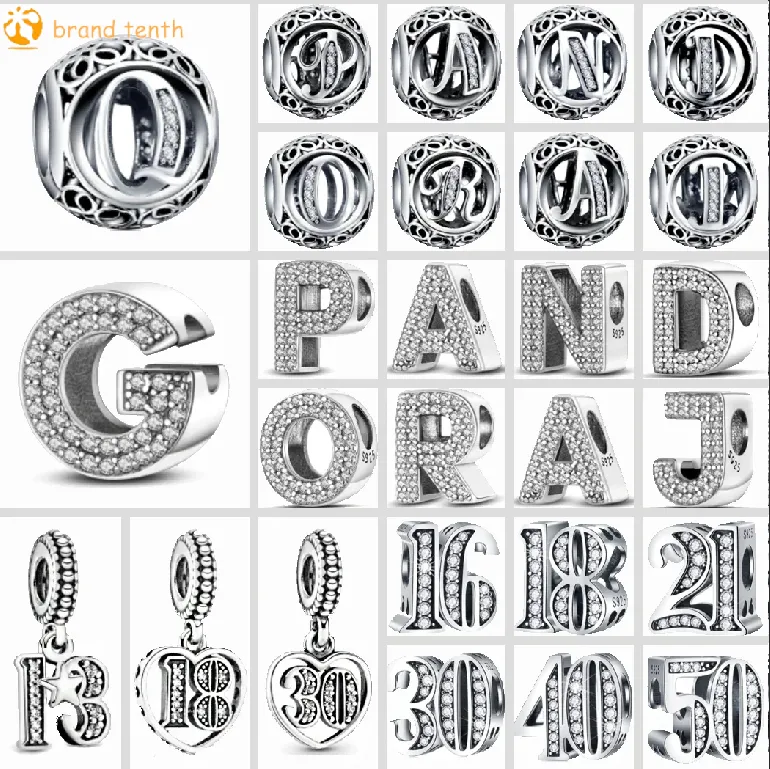925 Стерлинговое серебро для Pandora Charms Authentic Bead от 26 A до z Letter Set Set подвесной кулон Diy Fine Beads Jewelry Jewelry