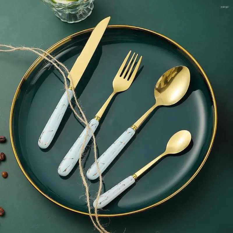 Dinnerware Sets Tableware Forks Knives Spoons Stainless Steel Golden Cutlery Set 1Pcs Ceramic Handle Complete
