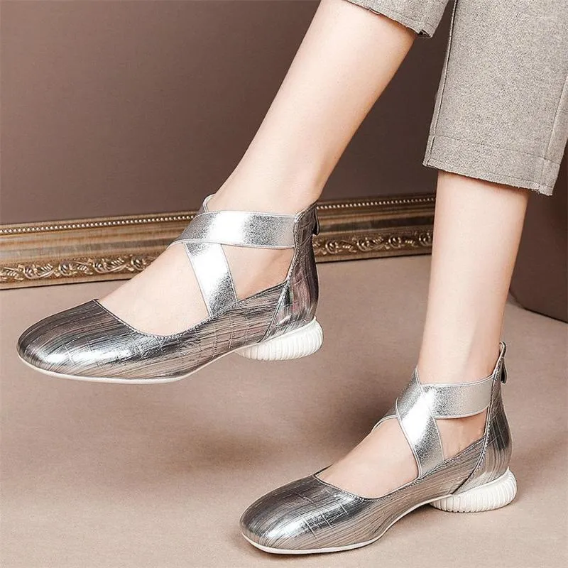 Dress Shoes Silver Grey Women Ankle Cross Strap Genuine Leather Low Heel Pumps Female Square Toe Platform Oxfords Casual