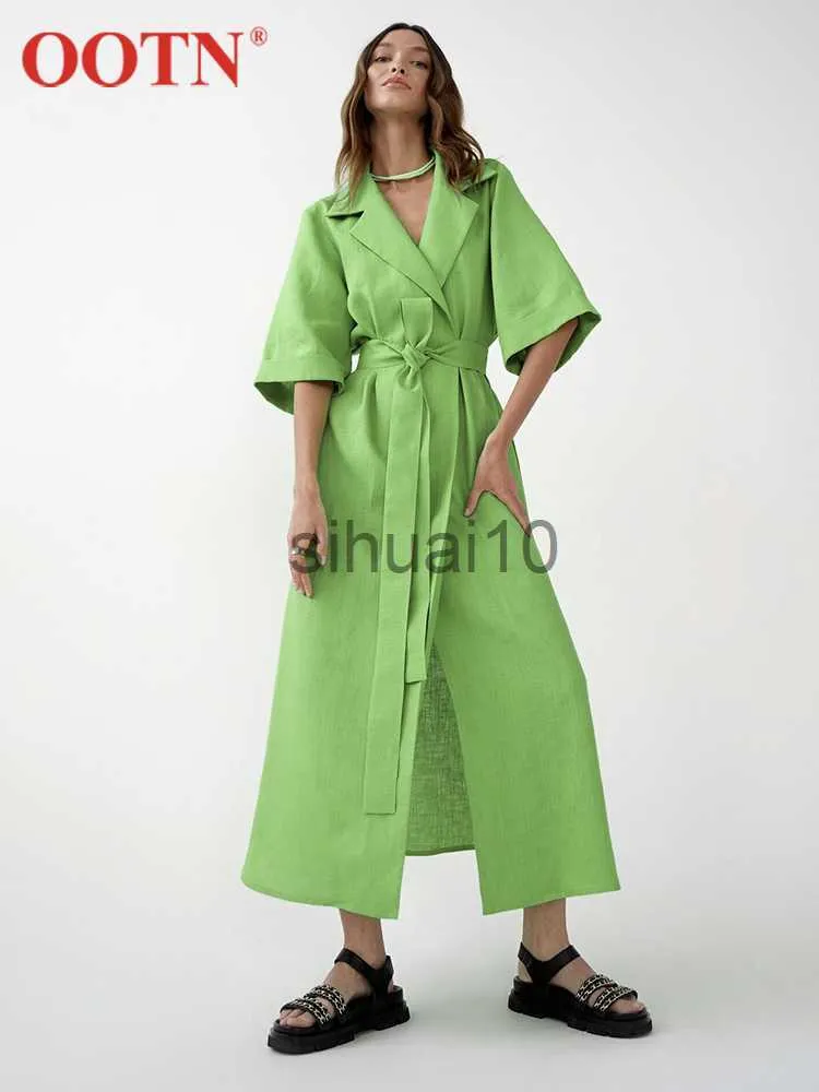 Casual Dresses OOTN Elegant Cotton Linen Wrap Long Dresses Women Summer Belt Lace Up Notched Office Lady Dress Split A-Line Dress Robe Femme J230705