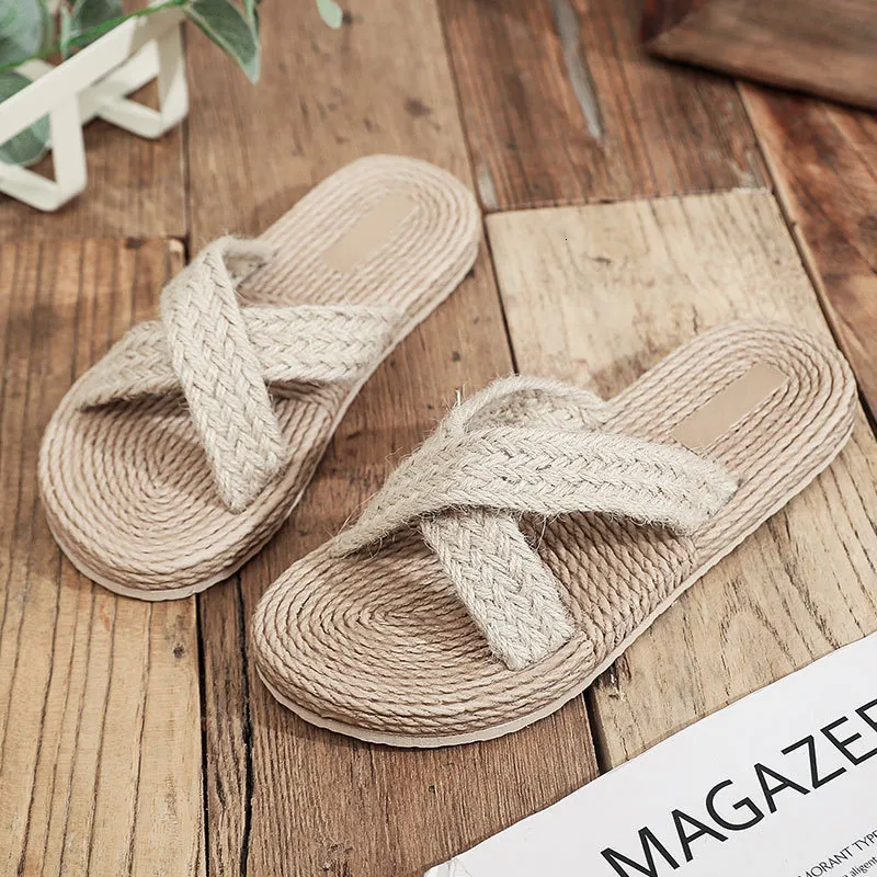 Slippers Minimalist Cross Band Women Slide Sandals Beach Hemp Rope Slides Espadrille Flip Flops Two Straw Straps Shoes 230704