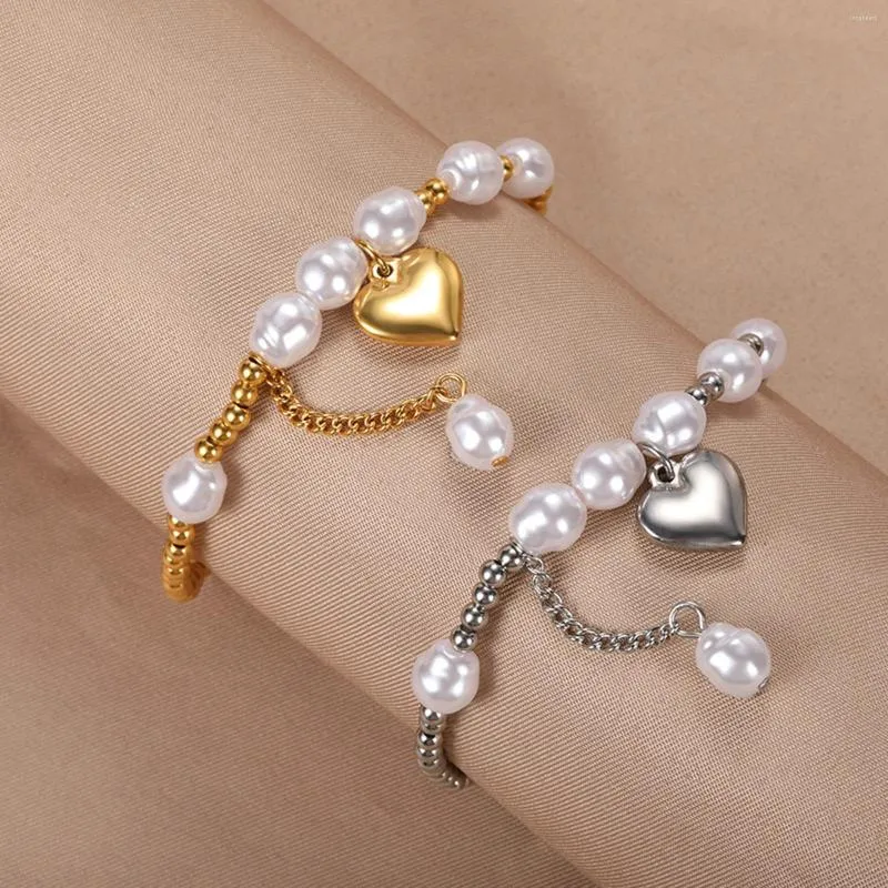 Braccialetti con ciondoli Ciondoli a cuore in acciaio inossidabile Braccialetto di perle d'imitazione Catena color oro per regalo di gioielli da donna 17,5 cm (6 7/8 ") di lunghezza
