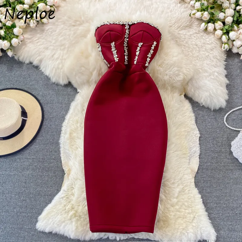 Basic Casual Dresses Neploe Party Red 2023 Sleeveless Strapless Bodycon Sexy Female Dress Vestido De Festa Diamonds Robe 230705