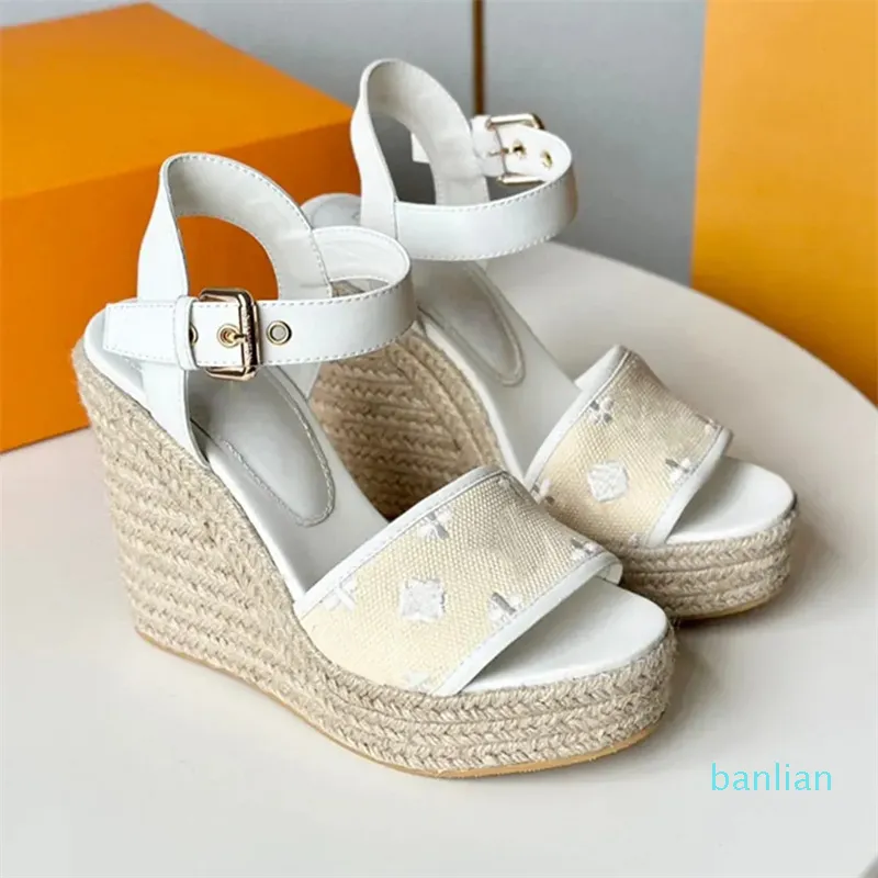 Linen Embroidered Espadrilles wedge Sandals Platform heels Summer women's luxury designers Non slip rubber sole Fashion Sand Casual shoes factory footwear