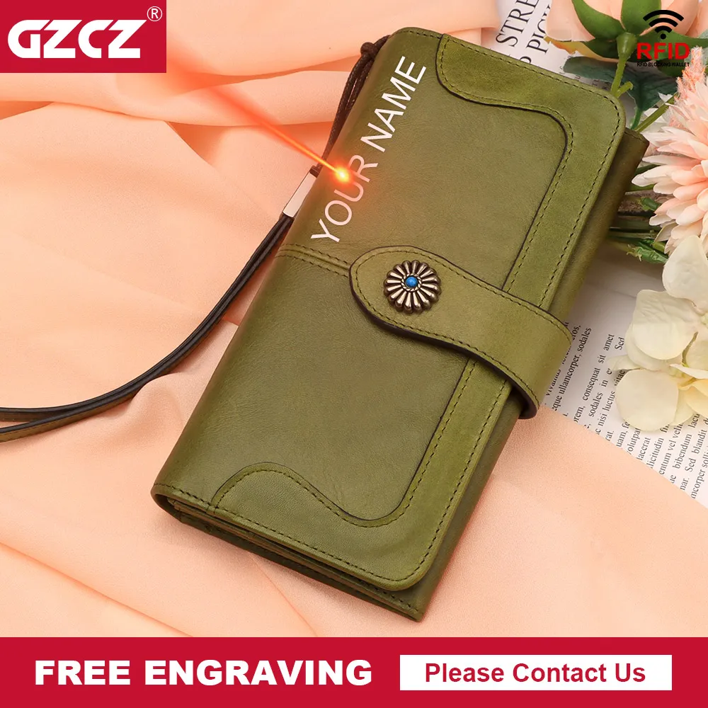Genuine Leather Women Wallet Fashion Lightweight Purse Phone Pocket RFID Blocking Card Holder Provide Free Engraving Service