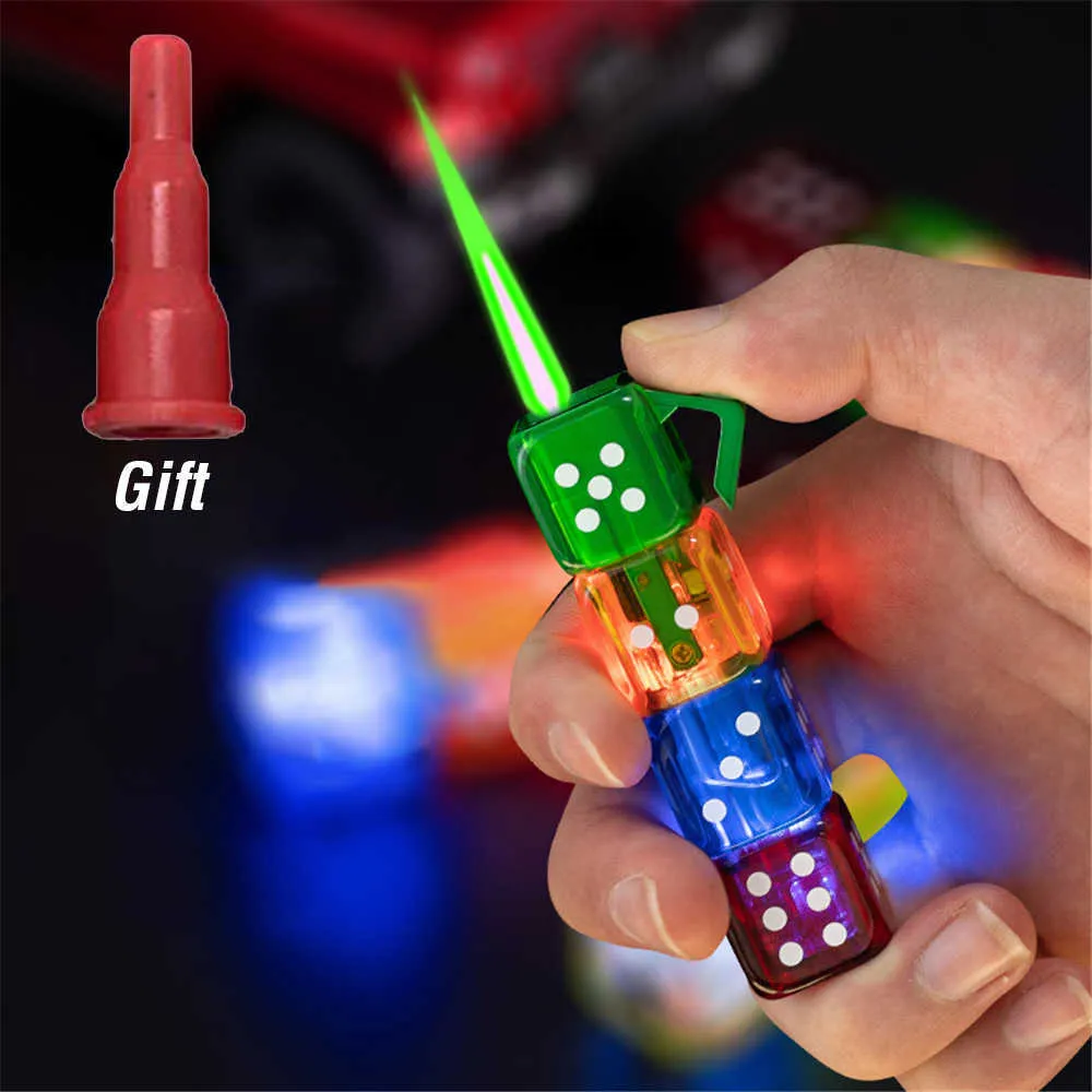 Creative Green Flame Dice Briquet Cool LED Coloré Lumière Coupe-Vent Butane Sans Tube De Gaz Droit Feu Jet Cigarette Outil C2VH 2HRG