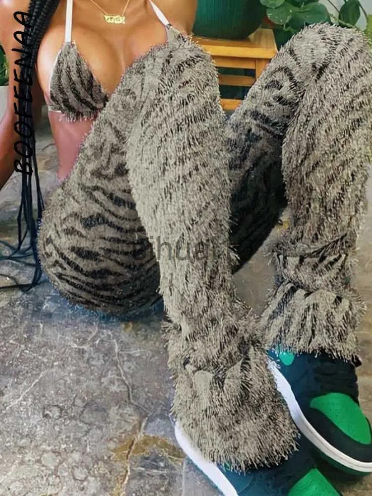 여성용 바지 Capris boofeenaa zebra 니트 모피 하이 허리 바지가 가을 겨울 패션 섹시 바지 C66-CC17 J230705