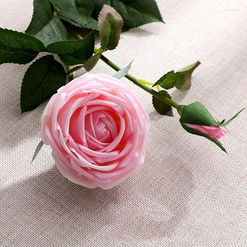 Decorative Flowers 3Pcs Long Branch Moisturizing 2 Head Rose Real Touch Roses Fake Home Living Room Table Decoration Wedding Bouquet