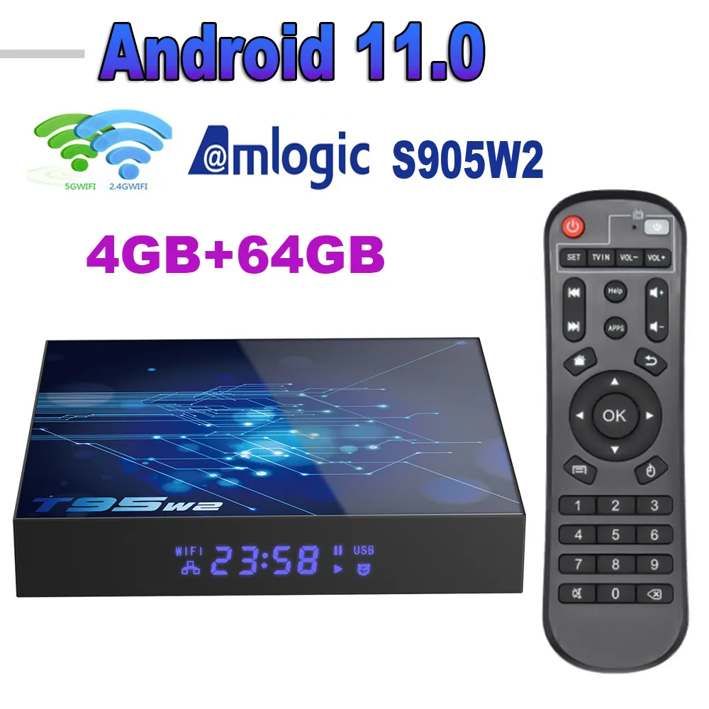 10PCS T95W2 Android 11 tv box 4GB 64GB 32GB 16GB amlogic s905w2 4K AV1 mediaspeler 2.4G 5G Wifi BT4.0