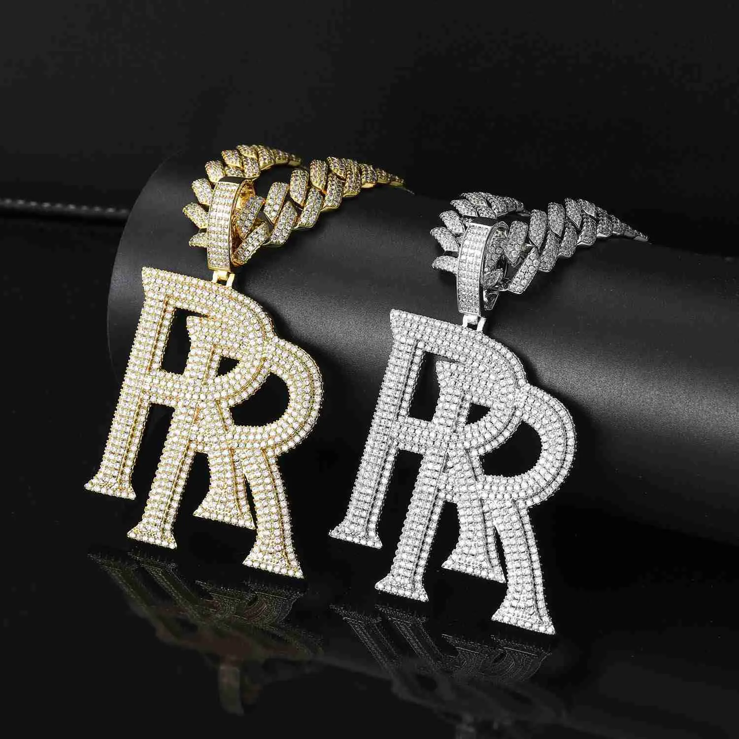 Collier Rap Hip Hop Double R, grande lettre initiale en laiton, bijoux fins, pendentif RR personnalisé