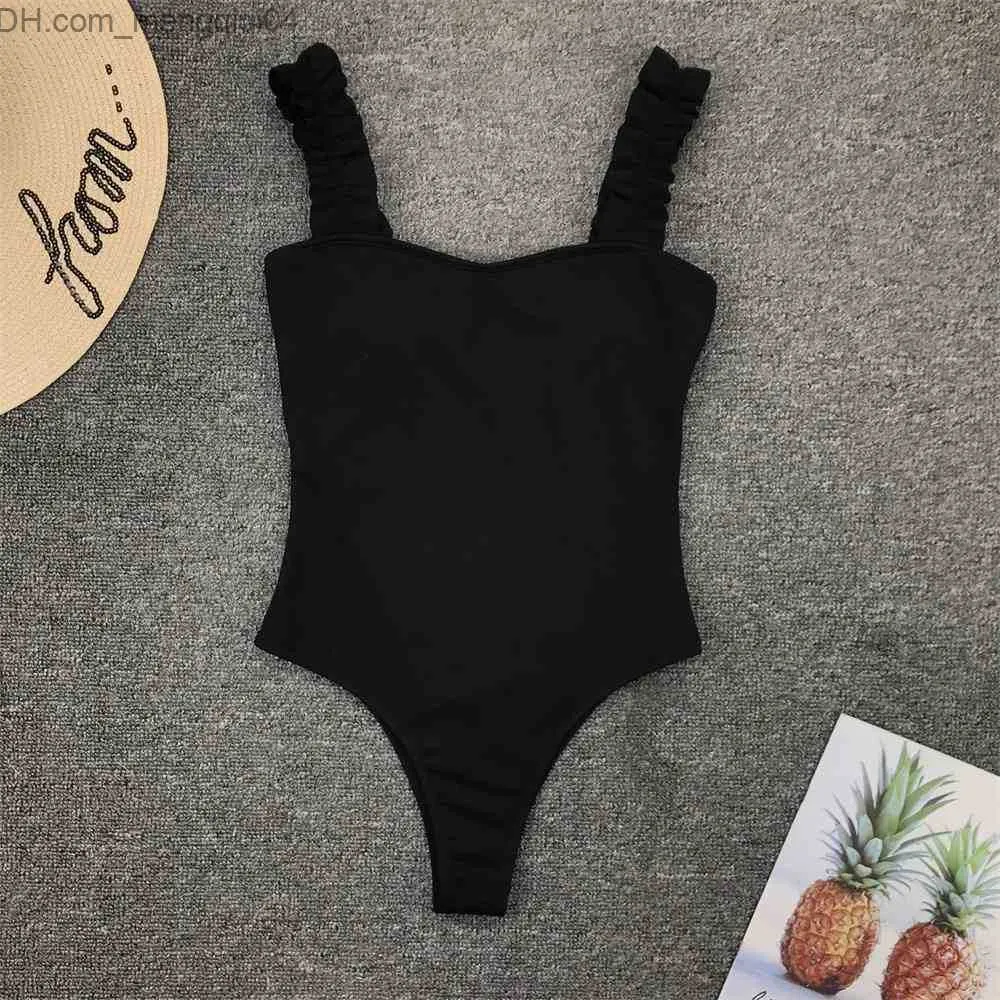 Roupas de banho femininas vintage maiôs femininos de uma peça com babados e alças femininas push up monokini acolchoados maiôs de praia bodysuits pretos Z230706