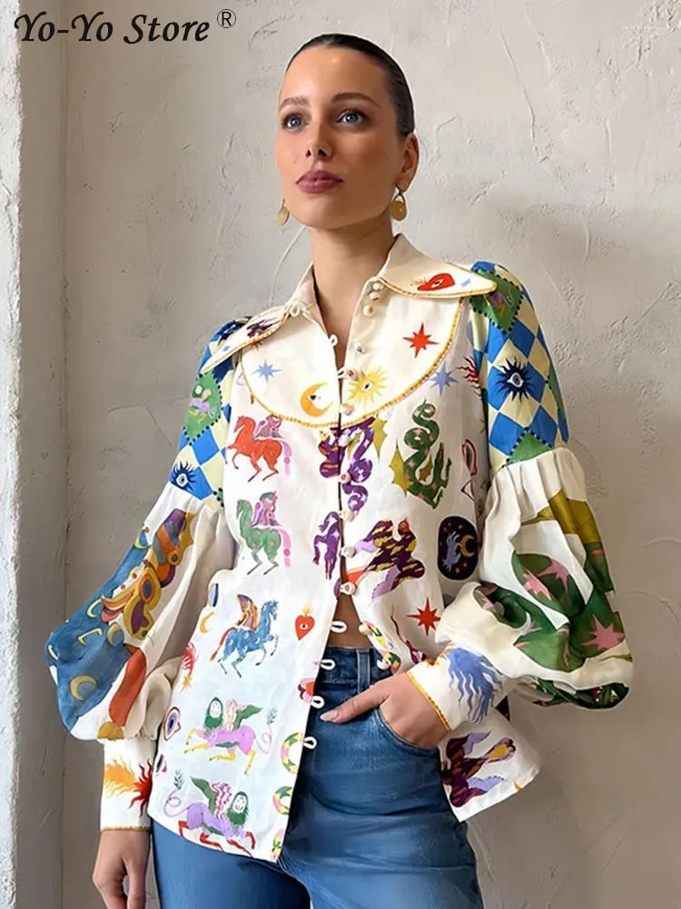 Women's Blouses Casual Print Shirt Lantern Sleeve Single Breasted Turn-down Collar Female Shirts 2023 Fashion Cartoon Lady Top Street